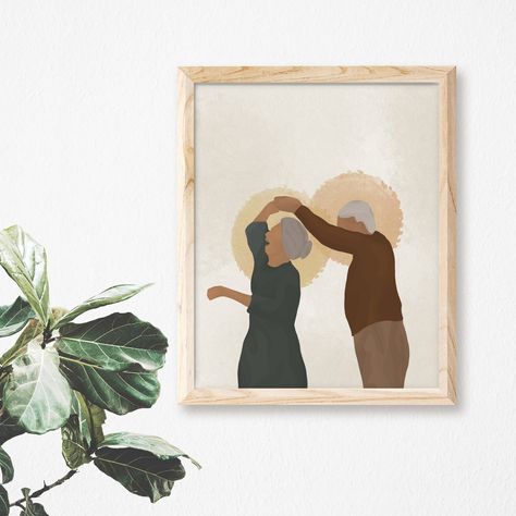 Brighten up any room with this handmade print of original Catholic art! You will receive a museum-quality print made on thick and durable paper. Image depicts St. Anne and St. Joachim dancing together. They are the patron saint of Grandparents. This product will be a perfect gift to a Catholic relative, friend, or yourself! Serves as a daily reminder that we can be faithful servants of God at any age.  * Paper thickness: 10.3 mil * Paper weight: 5.57 oz/y² (189 g/m²) * Giclée printing quality * Saint Joachim, Catholic Wall Decor, Jesus Ideas, Dancing Drawing, Nursery Painting, Saint Anne, Catholic Wall Art, Catholic Decor, Religious Wall Decor