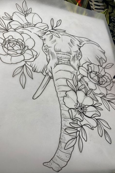 Elephant Tattoos Thigh Flowers, Elephant Back Tattoo Women Spine, Elephant Sleeve Tattoos For Women, Elephant With Flowers Tattoo, Elephant Shoulder Tattoo, Elephant Flower Tattoo, Elephant Tattoos Thigh, Elephant Tattoos With Flowers, Emily Tattoo