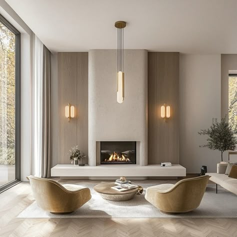 Yeg Infill Design | Our curved plaster fireplace anchors this living room with its modern elegance, blending organic textures and soft lines. A perfect balance... | Instagram Ultra Modern Fireplace, European Modern Fireplace, Fireplace Plaster Modern, Modern Concrete Fireplace, Plaster Fireplace With Tv, Arch Fireplace Ideas, Asymmetric Fireplace Wall, Low Ceiling Fireplace Ideas, Fluted Marble Fireplace