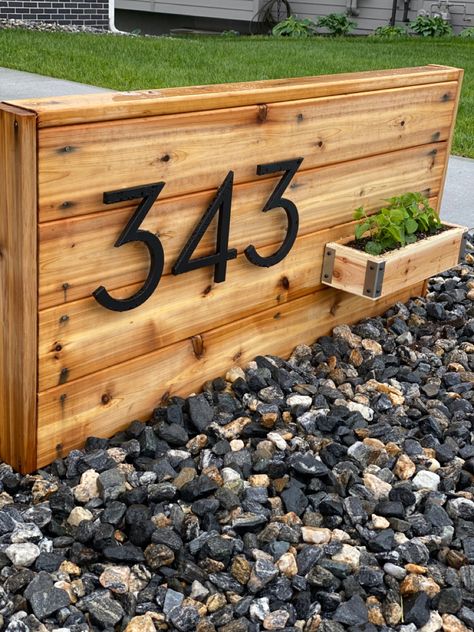 My husband built this beauty. Purchased the house numbers from the link listed. Wood Address Sign Outdoor Rustic, House Number Driveway, Driveway House Number Ideas Entrance, Rustic Address Signs For Yard, House Number Garden Sign, House Number End Of Driveway, End Of Driveway Address Sign Diy, Garden House Number Sign, Yard Sign House Number