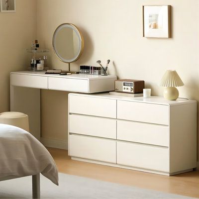 Unveil the elegance of modern living with our all-white, sleekly designed dresser set. Crafted from solid wood for stability and durability, it boasts two spacious drawers with silent gliding tracks for seamless storage. The accompanying six-drawer chest offers ample space for your daily essentials and can be arranged to suit any room layout. With a comfortable stool and rounded edges for safety, this set is the perfect addition to your beauty routine. | Recon Furniture JD10071844607026RF&Size V White Dresser With Tv On Top, Dresser Vanity Bedroom Small Spaces, Vanity Nightstand Combo, Modern College Bedroom, Bedroom Setting Ideas, Vanity Dresser Ideas, White Furniture Bedroom Ideas, Vanity With Dresser, Teen Room Desk