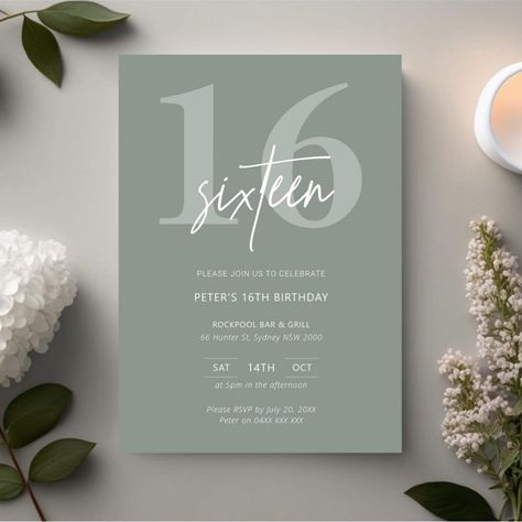 Sage Background, Elegant Birthday Invitations, Modern Birthday Party, Sweet 16 Decorations, 16th Birthday Invitations, Modern Birthday, Minimalist Typography, Elegant Birthday, 16th Birthday Party