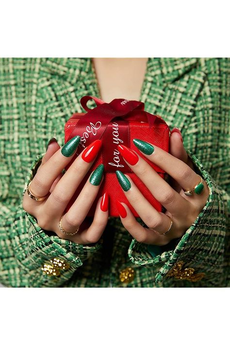 Modelones Christmas Press on Nails, Medium Almond Nails Tips Red Green Glitter Fake Nails Reusable Nail Kit with Nail Glue Nail Adhesive Tabs and Mini File Christmas Gifts for Women 24 Pcs 12 Sizes One Hand Red One Hand Green Nails, Green And Red Nails Christmas, Christmas Posts Instagram, Green And Red Nails, Christmas Shoot Ideas, Nail Photoshoot Ideas, Red And Green Nails, Nails Photoshoot, Nail Polish Christmas