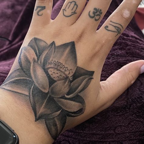 Lotus Flower (7, Hamsa, Om, Eye of Ra) Om Hand Tattoos, Lotus Flower Tattoo On Neck, Hand Lotus Tattoo, Lotus Flower Tattoo Hand, Lotus Flower Hand Tattoo, Holy Spirit Tattoo, Hamsa Hand Tattoo, Cute Simple Tattoos, Hamsa Tattoo