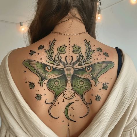 Luna Moth Tattoo Meaning & Symbolism | 90+ Design Ideas Spiritual Tattoos Thigh, Moth And Lotus Tattoo, Spiritual Transformation Tattoo, Colored And Black And White Tattoos, Moth Tattoo With Color, Spiritual Growth Tattoo, Art Nouveau Moth Tattoo, Luna Moth Neck Tattoo, Luna Moth Back Tattoo