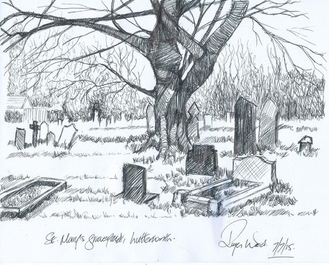 St Mary's Graveyard, drawing in gel pen on A4 cartridge paper. Graveyard Drawing, Graveyard Background, Gothic Setting, Gothic Drawings, Ghost Drawing, Draw Step By Step, Cemetery Art, Background Drawing, Landscape Drawings