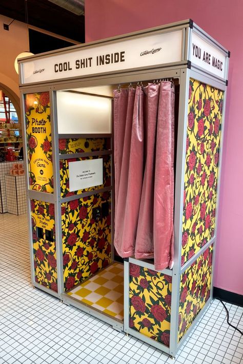 Fully custom photo booth by Majestic Photobooths. Custom photo booth with pink curtains and flower pattern. Photo Booth Machine, Photo Booth Design, Vintage Photo Booths, Salon Suites, Photo Booth Rental, Photo Booths, Pop Up Store, Booth Design, Vintage Store