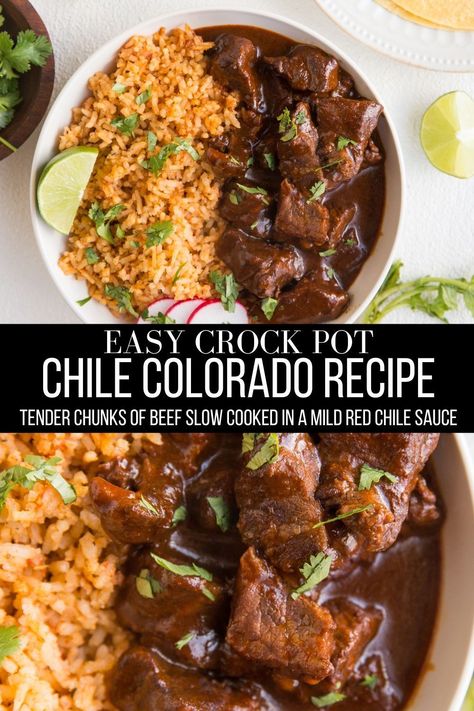 Crock Pot Chile Colorado turns out just like the restaurant-quality Mexican food favorite! Tender chunks of beef slow cooked in a mild red chile sauce. An easier approach to Chile Colorado, you’ll love preparing this authentic dish at home. #mexican #beef #healthy #slowcooker #crockpot Beef Colorado Recipe, Chilli Colorado Recipe, Chile Colorado Recipe Beef, Crock Pot Chile, Easy Chili Colorado Recipe, Beef Chunks Recipes, Chili Colorado Recipe, Chili Colorado, Crockpot Recipes Mexican