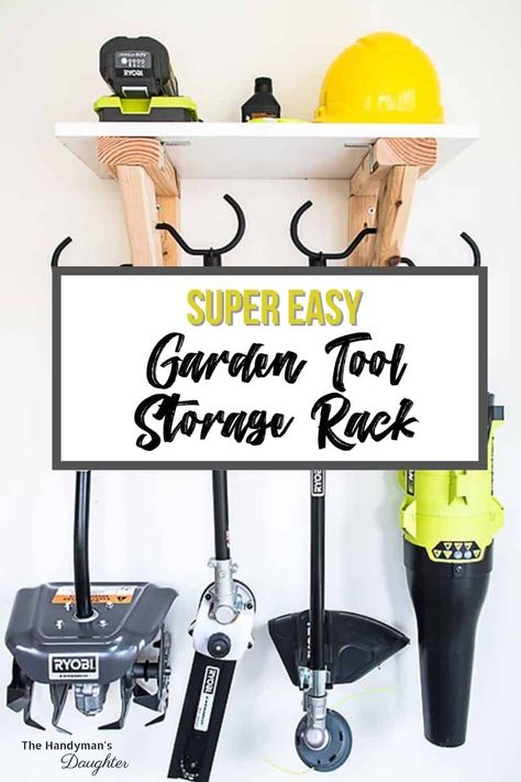 Get those garden tools off the garage floor! This super simple garden tool storage rack can hang everything from your weed whacker to leaf blower on one compact rack, with even more storage above! Get the tutorial at The Handyman's Daughter! | garden power tools | landscaping tools | gardening | garage storage | shed storage | garage organization | shed organization Garden Power Tool Storage, Lawn Tool Storage Ideas, Weedeater Storage Ideas, Leaf Blower Storage, Yard Tool Storage Ideas, Lawn Tool Storage, Garden Tool Rack, Lawn Mower Storage, Power Tool Organizer