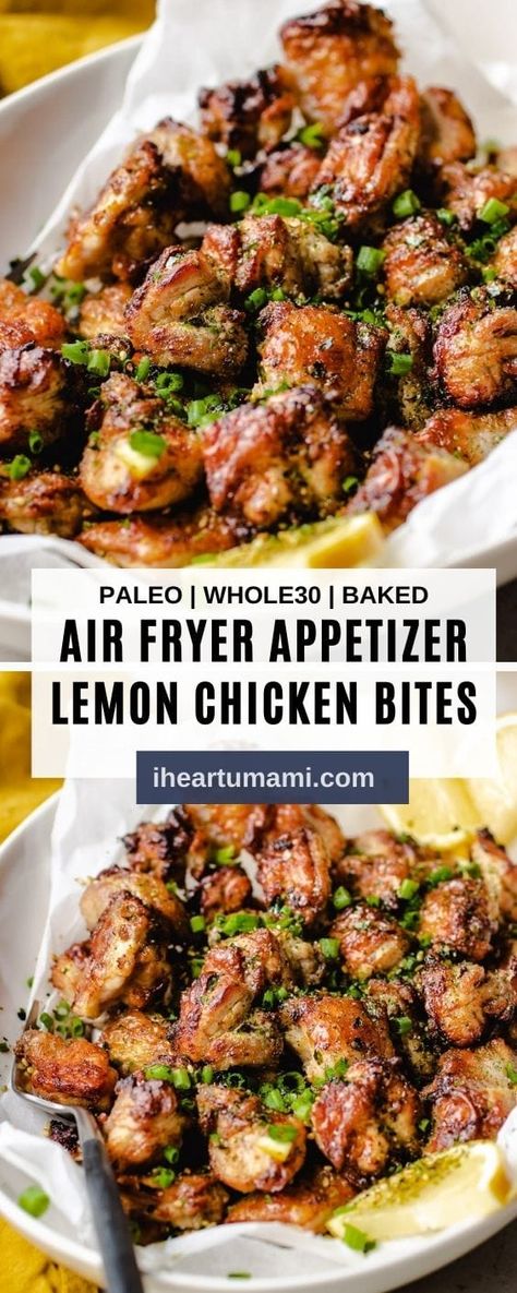 Air Fryer Lemon Chicken Bites with marinated chicken thighs air fried to golden crispy! No breading and starch and totally lemony delicious! Lemon Chicken Bites, Air Fryer Lemon Chicken, Air Fryer Chicken Thighs, Marinated Chicken Thighs, Chicken Thigh Recipes Oven, Chicken Thigh Recipes Crockpot, Boneless Chicken Thigh Recipes, Chicken Thigh Recipes Baked, Air Fryer Dinner Recipes