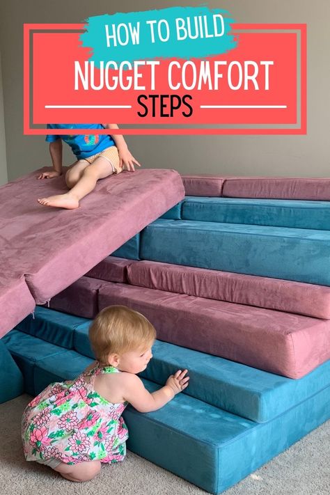 Here's a guide to our favorite nugget build: steps and a slide! Nugget Stairs, Nugget Stair Slide, Nugget Slide Build, 2 Nugget Slide Build, Nugget Climbing Build, 2 Nugget Couch Builds Climbing, 2 Nugget Building Ideas, 2 Nugget Builds For Climbing, 2 Nugget Couch Builds Slide