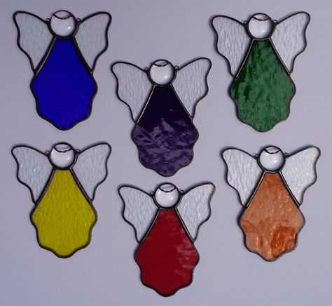 "Stained Glass Mini Angel Ornaments Suncatchers, Choice of colors If you buy three or more sent to the same address I will refund shipping (free shipping). These sweet little angels are perfect on a Christmas tree; gift package; hanging in a window; or a way to say \"I am thinking of you\". All have clear cabachons for the head, with twisted wire halos. The wings are clear textured glass. Each comes with a nylon line for hanging, ready for gift giving. They are approx. 4 1/2\" H x 3 1/2\" wide." Easy Stained Glass Christmas Ornaments, Small Stained Glass Ideas, Christmas Stained Glass Ideas, Stained Glass Christmas Patterns, Stained Glass Christmas Ornaments, Glass Etching Diy, Etching Diy, Glass Angels, Fest Ideas