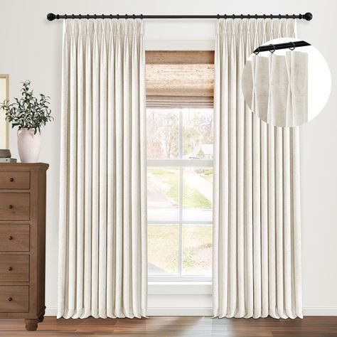 PRICES MAY VARY. Pinch Pleat Curtains: Each package includes 2 panels,and 20 hooks. These elegant pinch pleated curtains blackout complement any home decor style, adding a refined and sophisticated look to your bedroom, living room, dining room, and farmhouse-style decor. 100% Blackout Curtains: The double-layer pinch pleated drapes offer complete blackout, easily turning day into night. They also provide excellent thermal insulation and noise reduction, protecting your furniture, keeping your h Pinch Pleated Drapes Living Rooms, White Wall Curtain Ideas, White Bedroom Curtain Ideas, Double Pinch Pleat Curtains, Curtains Farmhouse Style, Flax Curtains, Curtains Pinch Pleat, Pinch Pleated Curtains, Blackout Curtains Living Room