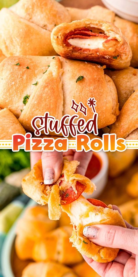 Stuffed Pizza Rolls are packed with mozzarella cheese sticks and pepperoni, then wrapped in a flaky crescent roll! Serve these handheld Pizza Rolls with your favorite pizza sauce and watch as they quickly fly off the plate!  via @sugarandsoulco Pizza Crescent Roll Recipes, Stuffed Pizza Rolls, Crescent Pizza, Crescent Roll Appetizers, Pepperoni Pizza Rolls, Homemade Pizza Rolls, Stuffed Pizza, Crescent Roll Pizza, Pizza Roll Up