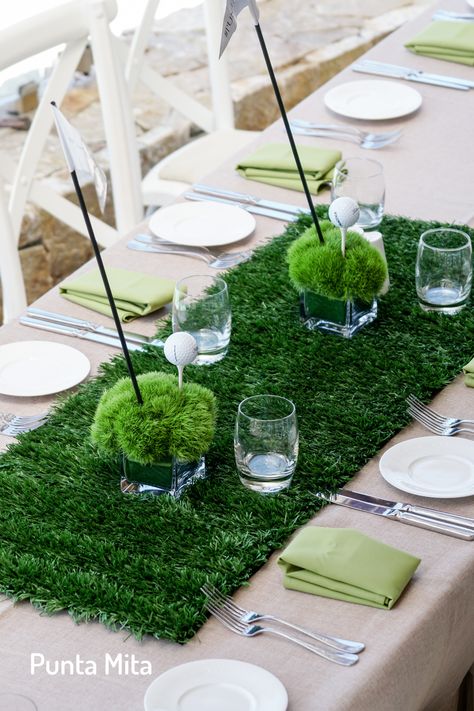 Golf Themed Flower Arrangements, Golf Table Decor, Golf Themed Table Decorations, Golf Theme Decor, Golf Pinata, 50th Birthday Golf Theme, Golf Party Decor, Golf Themed Centerpieces Ideas, Turf Table Runner