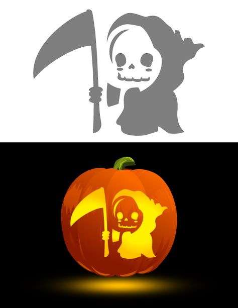 Printable Kawaii Grim Reaper Pumpkin Stencil Pumpkin Carving Beauty And The Beast, Ghost Face Pumpkin Stencil, Pumpkin Carving Ideas Joker, Character Pumpkin Ideas Carving, Pumpkin Carving Ideas Outline, Meme Pumpkin Carving Templates, Crow Pumpkin Carving Stencil, Grim Reaper Pumpkin Stencil, Pumpkin Patterns Carving