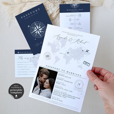 "Sofia Printable Passport Wedding Invitation Template is the perfect choice if you dream of getting married in a far-off, exotic location or planning a destination wedding. This Wedding Invitation Suite Template includes a passport invitation card, boarding pass style RSVP card, details card, and wedding day timeline - everything you need for a destination wedding or travel-themed event. Plus, we've included additional individual maps and travel-themed stickers so you can decorate your destinati Cruise Wedding Invitations, Passport Invitations, Passport Wedding Invitations, Formal Wedding Invitations, Cruise Wedding, Travel Theme Wedding, Wedding Abroad, Travel Theme, Photo Wedding Invitations