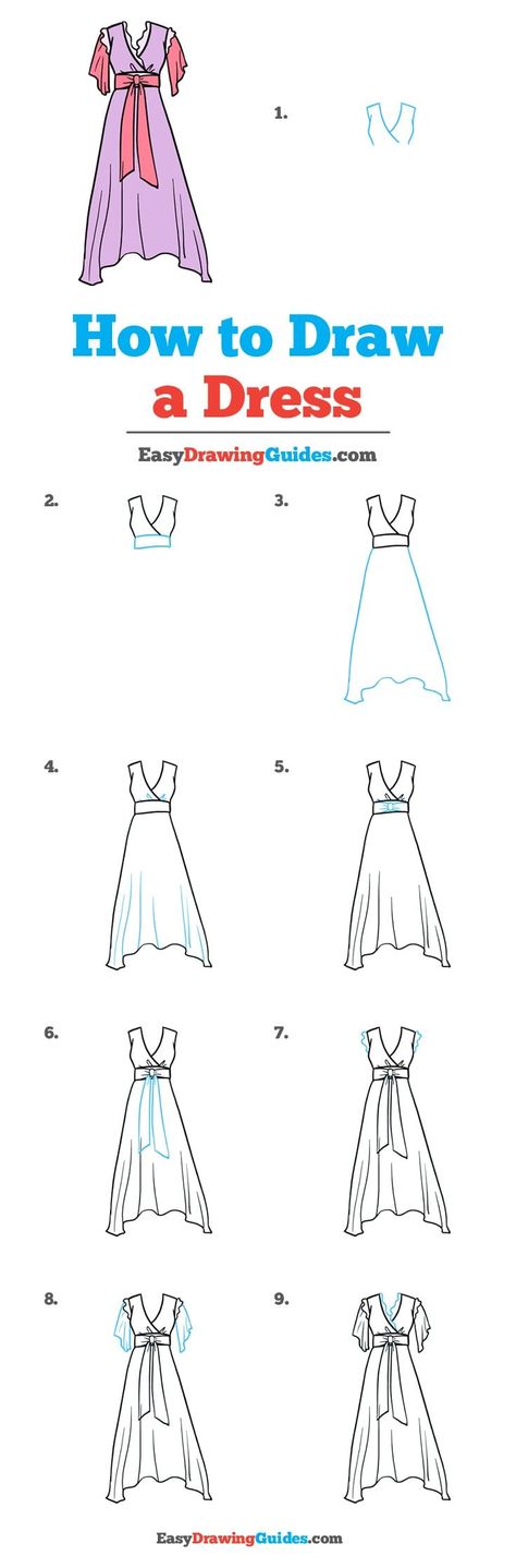 Learn How to a Draw Dress: Easy Step-by-Step Drawing Tutorial for Kids and Beginners. #Dress #DrawingTutorial #EasyDrawing See the full tutorial at https://easydrawingguides.com/how-to-draw-a-dress/. Dress Step By Step Drawing, Drawing A Dress Step By Step, Clothes Drawing Step By Step, Easy Dress Sketches For Beginners, Dress Drawing Easy Step By Step, How To Draw Dresses Step By Step Easy, Easy Fashion Sketches For Beginners, How To Draw A Dress Step By Step, How To Draw Clothes Step By Step