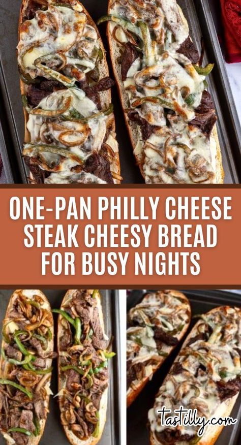 This fabulous one-pan Philly Cheese Steak Cheesy Bread tastes like a gourmet meal and is a proven crowd-pleaser. Tender Ribeye steak and fresh veggies are infused with Worcestershire sauce and layered with provolone slices over mayo-lathered French bread then toasted to melty perfection for a gathering with friends or a quiet dinner at home. Tender Ribeye Steak, Cheap Casserole Recipes, Breaded Steak, Philly Cheese Steak Recipe, Farmers Market Recipes, Sheet Pan Dinners Recipes, Cheese Steak, Philly Cheese, Cheesy Bread