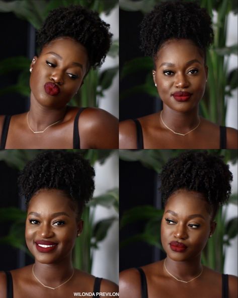 Dark Lipstick On Dark Skin, Red Lips For Black Women, Black Woman Lipstick, Black Skin Natural Makeup, Colored Lipstick On Black Women, Simple Black Women Makeup, Dark Red Black Women, Simple Wedding Makeup Natural Looks Black Women, Dark Red Lip Black Women