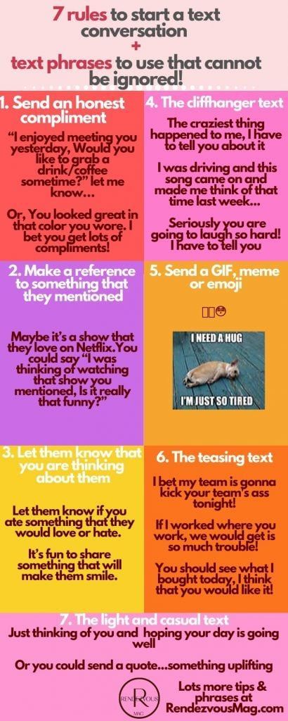 7 rules to start a text conversation + text phrases INFOGRAPHIC How To Start A Conversation With Someone New, How To Be More Interesting Over Text, Flirty Ways To Start A Conversation, Ways To Start Conversations Over Text, How To Get To Know Someone Over Text, How To Continue A Text Conversation, How To Start Conversations Over Text, How To Carry A Conversation, How To Start A Conversation