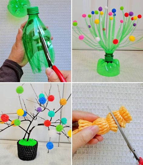 Waste Bottle & Dry Branch Decoration Craft Ideas | bottle, plastic bottle, flower | Creative DIY Flower Crafts using Plastic Bottle and Pm Pom | By Simple Crafts Reuse Water Bottles Plastic Diy Crafts, Bottle Crafts Plastic Creative, Dry Branches Decoration, Recycle Activities, Easy Plastic Bottle Crafts, Plastic Bottle Crafts Flowers, Waste Bottle Craft, Bottle Cap Coasters, Branch Decoration