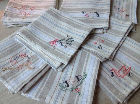 Embroidered napkins as wedding favors! Thread Craft, My Lovely Friend, Embroidery Wedding, In The Summertime, Embroidered Napkins, Backyard Wedding, Wedding Favours, I Don't Know, Christmas Cheer