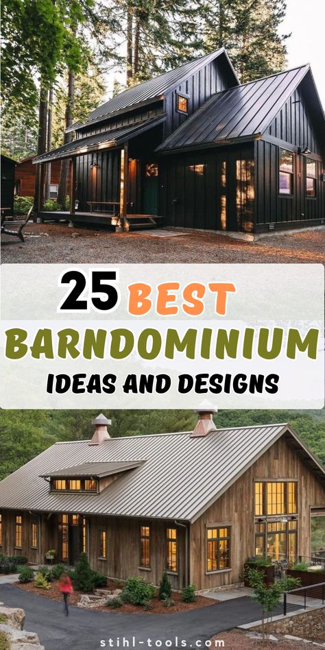 Explore our collection of 25 Small Barndominium Ideas, where barn dominium houses meet affordability. Each plan features a blend of rustic charm and modern design, perfect for those seeking a unique yet budget-friendly home. Discover the steps to build your dream house with our guide. Farm House Plans Layout Design, Barndominium Home Ideas, Barndominium Style House Plans, Barndominium Lake House Ideas, Dark Brown Barndominium Exterior, Bardiminium House Exterior, Barnaminium House Interior, Barndominion Interior, Small Barndominium Interior Open Floor