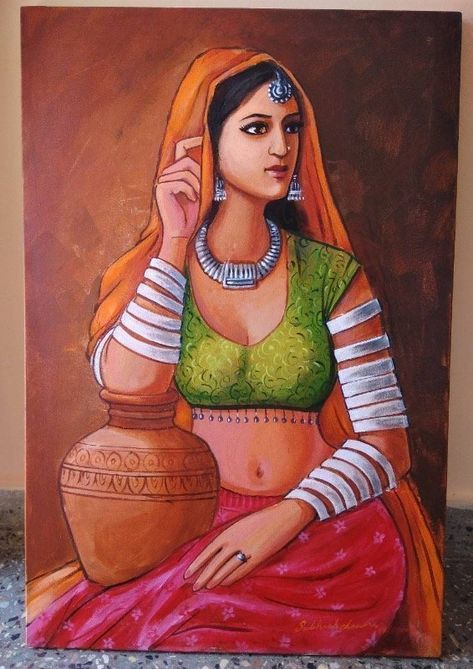 Paintings Of Women, Poster Color Painting, Thomas Wayne, Composition Painting, Rajasthani Art, Modern Art Canvas Painting, Indian Women Painting, Boho Art Drawings, Painting Woman