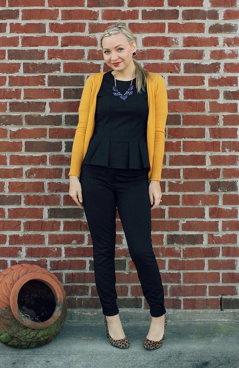 all black + mustard sweater Mustard Cardigan Outfit, Yellow Cardigan Outfits, Mustard Cardigan, Mustard Sweater, Yellow Cardigan, Leopard Heels, Legging Pants, Legging Outfits, Cardigan Outfits