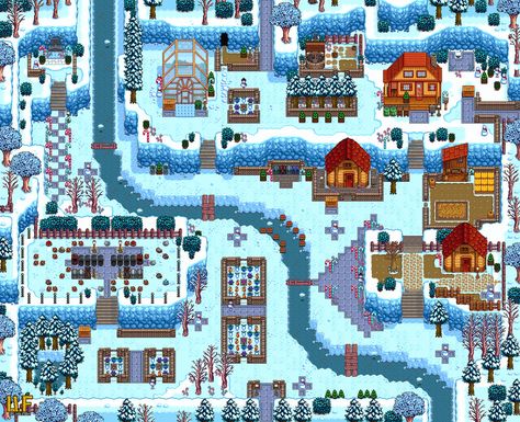 Stardew Valley - Hilltop 1 Farm | A full view of my farm in Winter > farm design layout | LadyAmalthea Stardew Valley Winter Farm, Winter Stardew Valley, Stardew Valley Hilltop, Farm Design Layout, Farm Layouts, Stardew Farms, Winter Farm, Stardew Valley Layout, Stardew Valley Farms