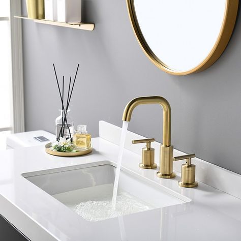 Lead-Free Brushed Gold 8 Inch 3 Pieces 2 Handles Widespread Bathroom Sink Faucet With Pop Up Drain And Valve Mirrors Ideas, Gold Bathroom Faucet, Large Bathroom Mirrors, Lake House Bathroom, Bathroom Mirror With Shelf, Bathroom Mirror Design, Mirror Makeover, Bathroom Mirror Lights, Plumbing Bathroom