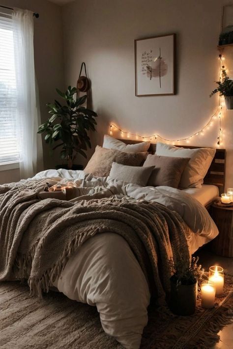 Elegant cozy bedroom with luxurious elements and cozy touches Cozy Themed Bedroom, Bedroom Ideas Bed In Corner, Simple Cozy Apartment Aesthetic, Cosy Bed Aesthetic, Clean Cozy Bedroom Aesthetic, Cozy Bed Decor, Beige Comforter Bedroom Ideas, Bedroom Inspirations Cozy Warm, Grey Beige Bedroom