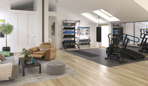 Treadmill In Living Room Ideas, Basement Gym And Family Room, Bedroom Gym Ideas, Ruang Gym, Living Room Gym, Home Gym Ideas Small, Home Gym Ideas, Small Home Gym, Wellness Room