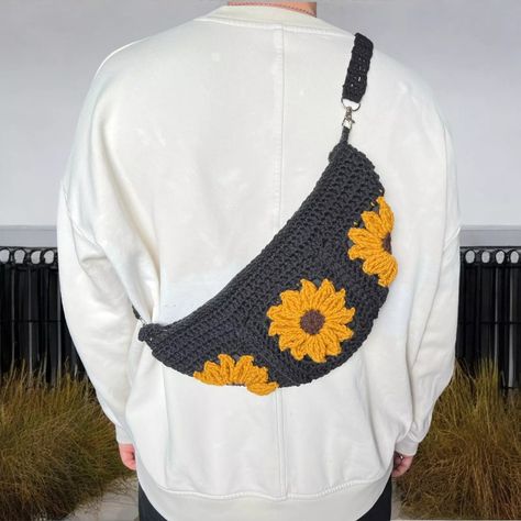 Crochet Crossbody Bag sunflower with lining inside Granny Square black | eBay Crochet Chest Bag, Granny Square Cross Body Bag, Crochet Fanny Pack, Crochet Crossbody Bag, Granny Square Bag, Crescent Shape, Love Craft, Small Things, Chest Bag