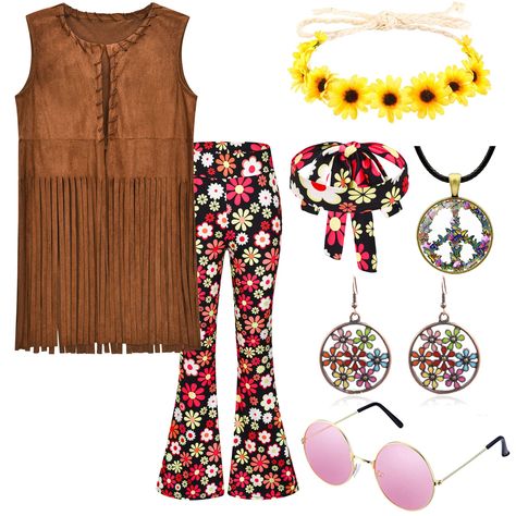 PRICES MAY VARY. Hippie 70s costume outfits accessories for women Each hippie costume outfits accessories set includes: a 70s decades costume fringe vest, a 70's hippy bell bottom pants, a flower crown hippie, a hippie headband, a peace sign hippie necklace, a 70s earrings and hippie sunglasses. What you see is what you get Everything in this 60s and 70s costume set is high quality material wearing this accessory, you will definitely hippie the 70s look Hippie fringe vest and 70s bell bottom pan 60s Costume Women, Cowgirl Costume Women, 70s Costumes, Halloween 70s, Costume Women Halloween, Decades Costumes, Hippie Costume Halloween, 70s Women Fashion, Costume Clothes