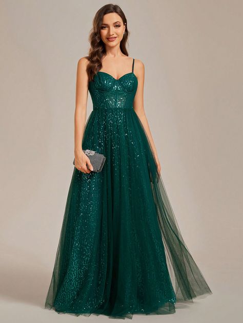 Dark Green  Collar Sleeveless Woven Fabric Plain A Line,Cami Embellished Non-Stretch  Weddings & Events Dark Green Corset Prom Dress, Prom Dress Brunette, Green A Line Prom Dress, Green Sparkle Dress, Prom Plus Size, Chic Updo, Sequin Evening Dress, Dress With Tulle, Strapless Evening Dress