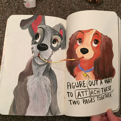 Lady and the tramp ❤️ Disney wreck this journal Drawing Ideas Disney, Wreck This Journal Everywhere, Diy Buch, Create This Book, Wreck This Journal, Creative Journal, Arte Sketchbook, Lady And The Tramp, Button Art