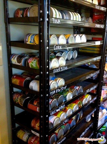 Rotating Canned Food Storage Diy, Rotating Canned Food Storage, Diy Can Rotation System, Rotating Can Storage, Can Rotation System Diy, Life Simplified, Food Rotation, Food Storage Rooms, Food Storage Shelves