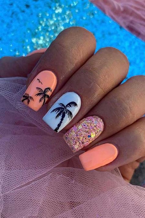 Palm Tree Nail Art, Cruise Nails, Beach Nail Art, Palm Tree Nails, Beach Nail Designs, Beachy Nails, Tropical Nails, Tree Nails, Cute Summer Nails