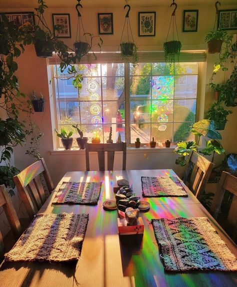 Cellophane On Windows, Lesbian Apartment Ideas, Dreamy Room Ideas, Cute Apartments, Trippy Apartment, Rainbow Living Room, Hippie Apartment Aesthetic, Hippie Apartment, Dreamy Apartment