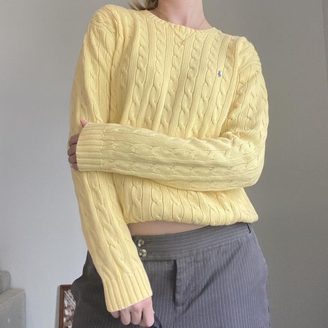 Pale yellow Ralph Lauren Spring Sweater🌸✨ Butter Yellow Sweater, Ralph Lauren Cable Knit Sweater Outfits, Cable Knit Sweater Outfit, Ralph Lauren Cable Knit Sweater, Classic Ralph Lauren, Ralph Lauren Cable Knit, Knit Sweater Outfit, Butter Yellow, Yellow Knit