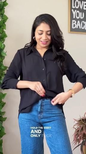 Shirt tuck in fashion style hack #shirthack #hacks #stylehacks #fashionhacks #haul #fyp #shorts Styling Shirt With Jeans, Dress Shirt And Jeans Women, Jeans With Shirt Outfit Women, Shirt Tuck In Ideas, Tuck A Shirt Hack, Shirt Tuck In Style, Work Shirt Outfits Women, How To Tuck Shirts Into Skirts, Formal Shirt Tucking Hacks