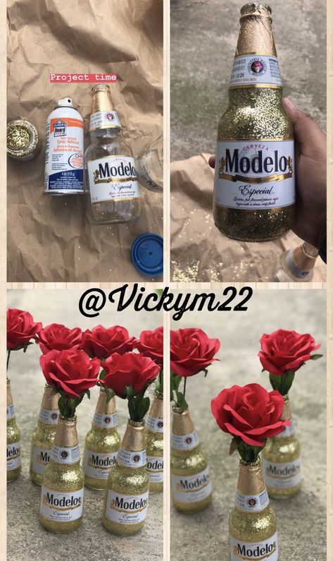 Glitter beer bottle centerpieces. Perfect for a Mexican theme party. Modelo beer bottle. Mexican Theme Party Decorations For 15, Modelo Birthday Party, Modelo Centerpieces, Modelo Party Theme, Mexican 15 Theme Party, Mexican Centerpieces, 21st Birthday Centerpieces, Beer Bottle Centerpieces, Mexican Centerpiece