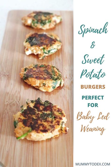 Searching for the perfect baby led weaning lunch or baby led weaning dinner recipe for your baby? Try these delicious and healthy sweet potato and spinach burgers, perfect for babies and the whole family. These baby led weaning burgers are jam packed full of nutrients and are a fantastic way to feed your baby, no matter what stage of the weaning journey they're on. For more home made baby food ideas and baby led weaning recipes, visit Mummy to blog #blw #weaning Blw Meals, Spinach Burgers, Fingerfood Baby, Blw Recipes, Baby Led Weaning First Foods, Sweet Potato Burgers, Baby Lunch, Potato Spinach, Weaning Foods