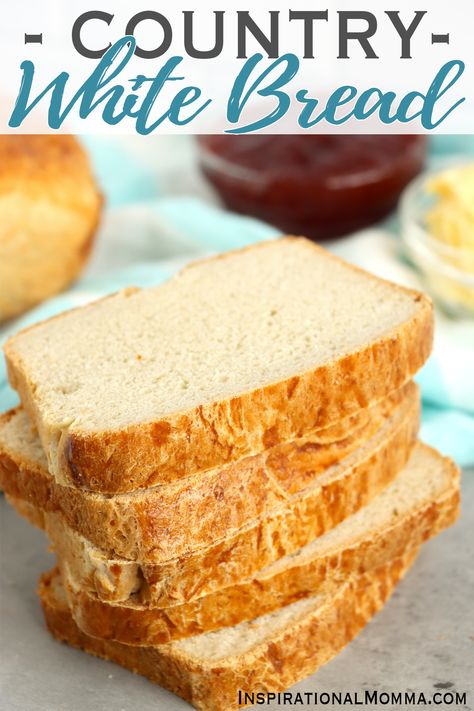 This country white bread is some of the best bread you'll ever make. Soft, fluffy, and rustic, this bread is perfect for toast or sandwiches. #inspirationalmomma #counrtywhitebread #countrywhitebreadrecipes #homemadewhitebread #homemadewhitebreadrecipe via @inspiremomma Rustic White Bread, Country White Bread, Basic White Bread Recipe, Homemade White Bread, White Bread Recipe, Best Bread, Sandwich Bread Recipes, No Rise Bread, Best Sandwich