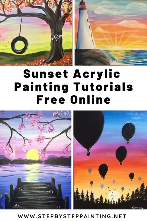 Free Online Painting Classes, Painting A Sunset, Mustache Template, Paint A Sunset, Quilt Painting, Sunset Paintings, Painting Website, Paint Tutorials, Sunset Canvas Painting