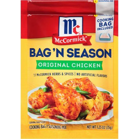 McCormick Bag 'n Season Original Chicken Cooking Bag & Seasoning Mix makes a moist and flavorful chicken dinner effortless. Just sprinkle our savory blend of herbs & spices over chicken and veggies in our mess-free oven bag for a delicious meal that requires mere minutes of prep time.All you need is a baking dish, 2  lbs. chicken and cut-up fresh veggies, like potatoes, green beans, onions and carrots! Bake for 1 hour and dinner is served. Plus cleanup is a snap  just toss the cooking ba Chicken In A Bag, Chicken Seasoning Mix, Oven Bags, Oven Bag, Season Chicken, Chicken Cooking, Swiss Steak, Chicken And Veggies, Flavor Enhancers