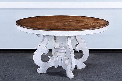 Cambridge-French-Country-54-034-Round-Dining-Table-White-Distressed-BG French Country Round Dining Table, Rustic Round Dining Table, Round Farmhouse Table, Reclaimed Oak Flooring, Parquet Design, Restoration Hardware Style, Round Pedestal Dining, Round Dining Room Table, Round Pedestal Dining Table