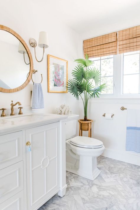 Colorful Coastal Aesthetic, Washrooms Ideas, Florida Interiors, Beach Inspired Living Room, Charleston Design, Florida Bathroom, Feminine Bathroom, Modern Boho Bathroom, Coastal Bathroom Design